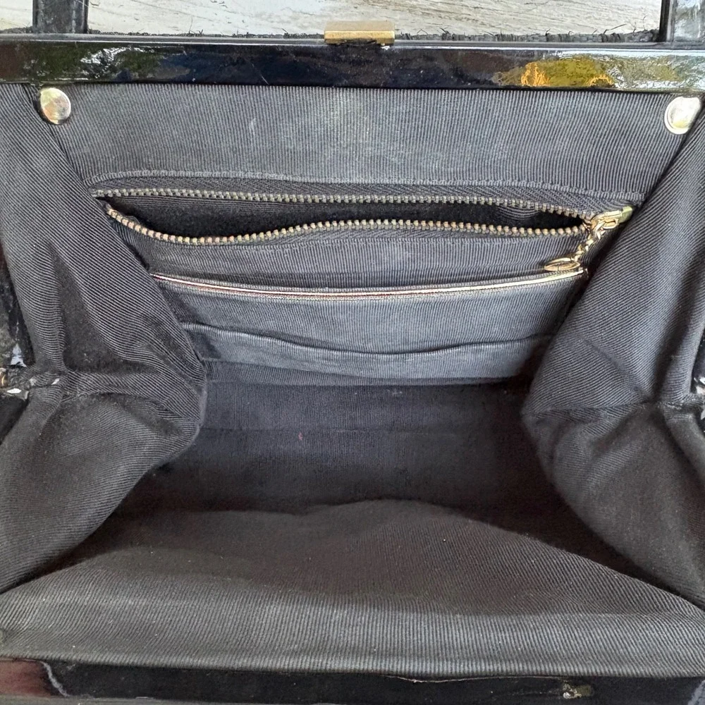 VTG Woven Fabric Framed Box Purse Handbag Small Black Gold Clasp 50s 60s Retro